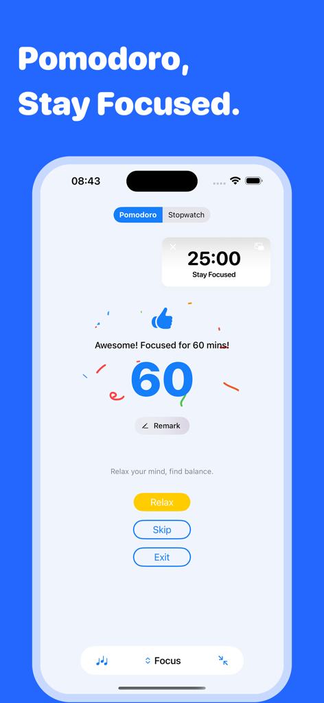 Mindkit-keep things organized - Captura de pantalla de la aplicación Mindkit que muestra la interfaz del temporizador de enfoque Pomodoro con un mensaje de logro de enfoque de 60 minutos.
