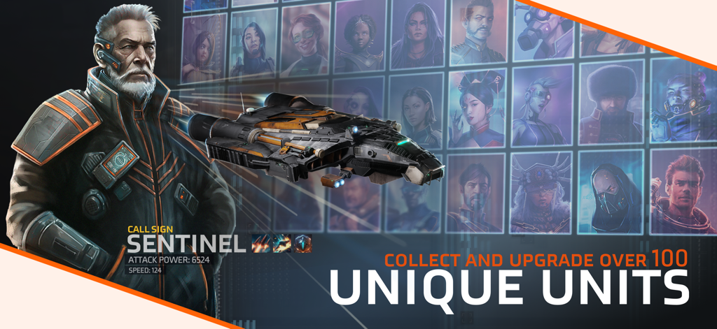 A tactical spaceship and character profile displayed over a grid of collectible captains in Starborne Frontiers