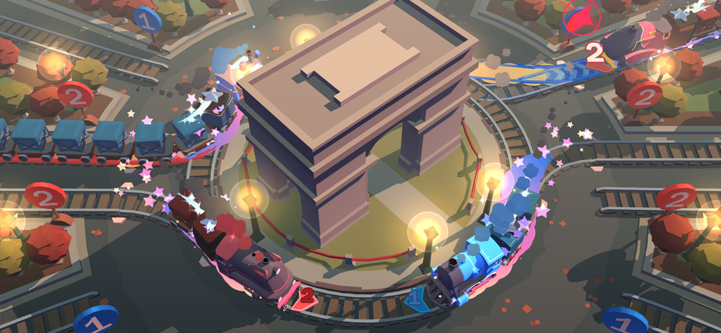 Train Conductor World - Top-down view of multiple trains navigating a circular rail network around the Arc de Triomphe in Paris.