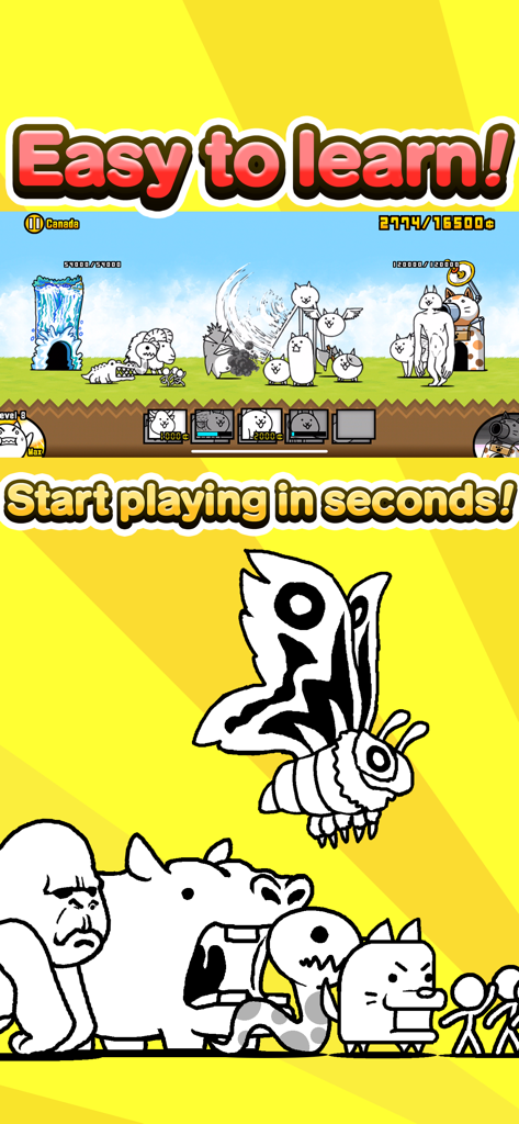 The Battle Cats - Gameplay-Screenshot von The Battle Cats, der seltsam süße Charaktere und einfache Kampfanimationen zeigt