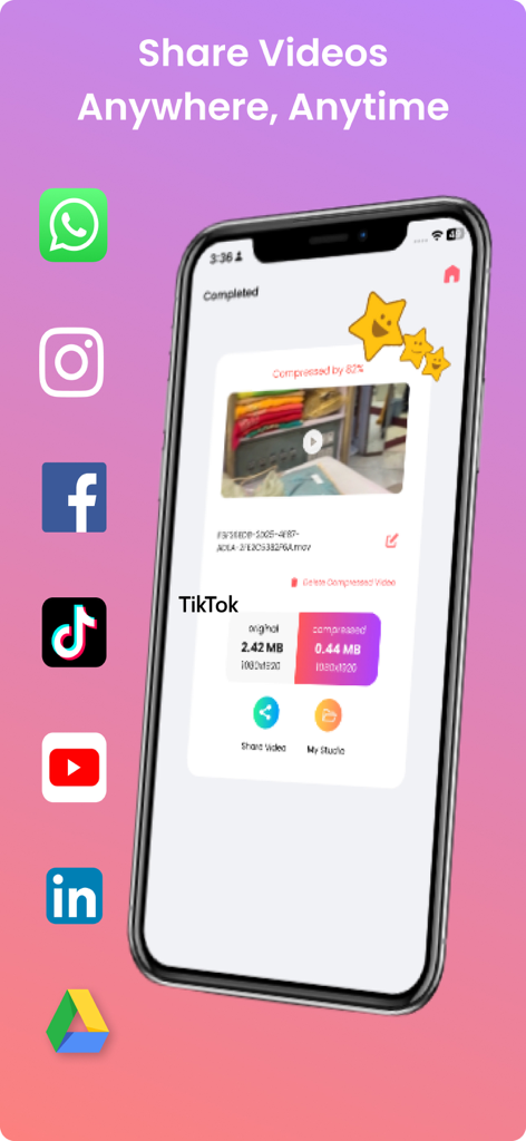 The Video Compressor : Zippy - Zippy app interface showing a compressed video ready for sharing on social media platforms like TikTok and Instagram.