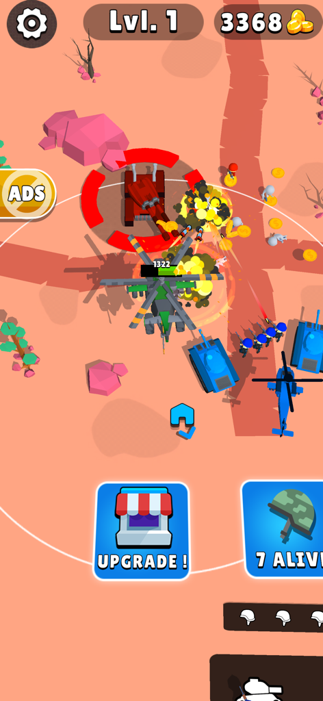 A red tank attacking blue enemy units and a helicopter in a desert combat level