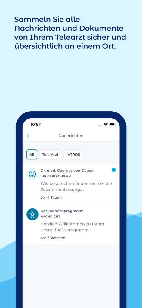 iATROS app interface displaying messages from tele-doctors and heart health programs