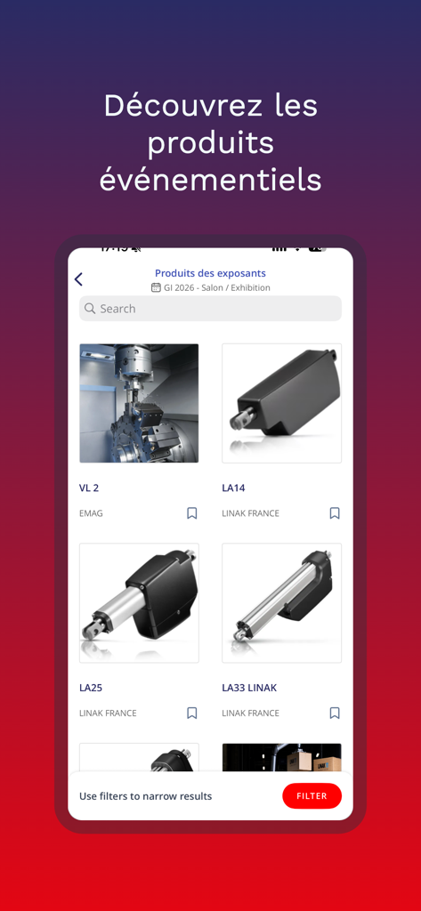 Écran mobile montrant le catalogue de produits et équipements industriels avec options de recherche et de filtrage dans l'application myGI