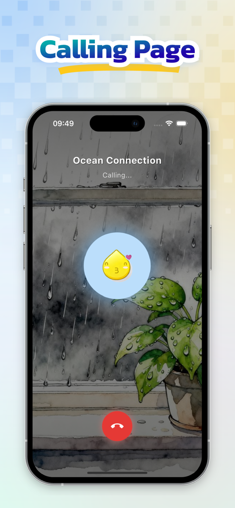 Interfaz de llamada de la aplicación TenderU con un fondo estético de ventana lluviosa y un icono de personaje lindo