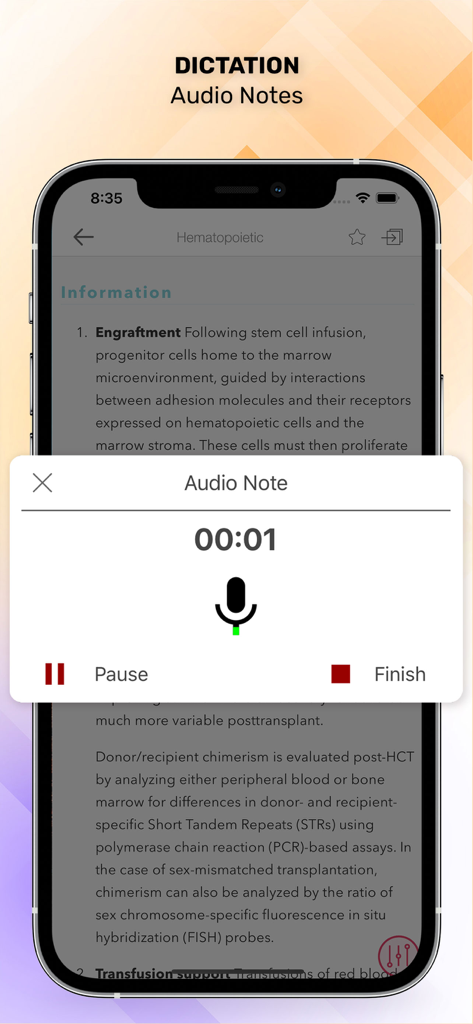 Washington Manual of Oncology - Smartphone screen showing the dictation and audio notes feature in the Washington Manual of Oncology medical app.