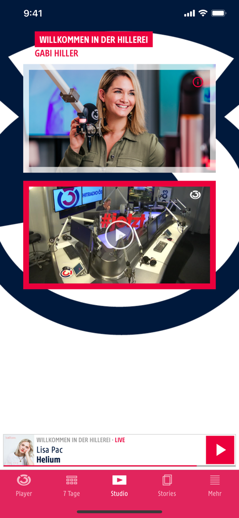 Hitradio Ö3 - Hitradio Oe3 app studio interface showing live camera feed and host Gabi Hiller