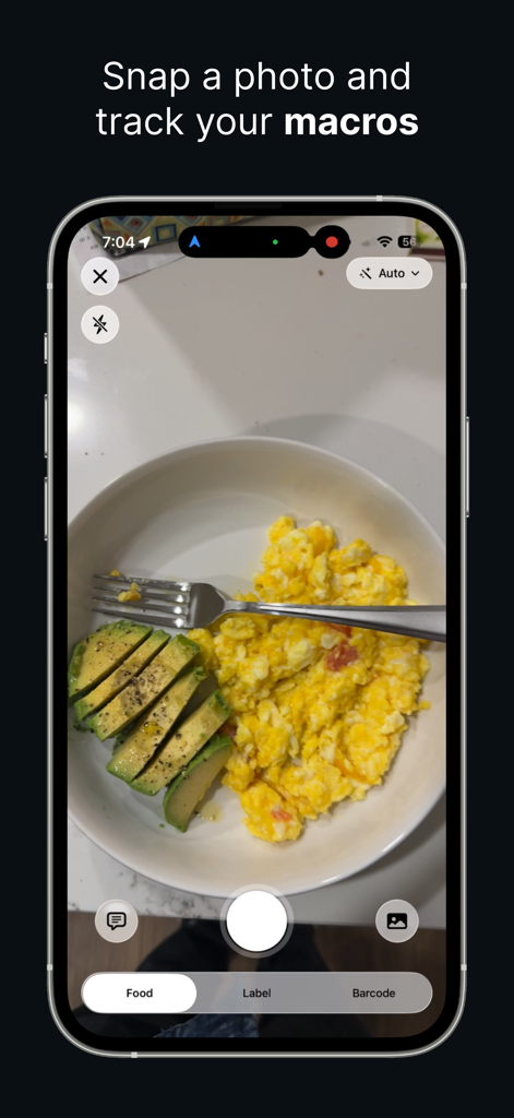 Metryc AI app screen showing meal photo logging for macro tracking