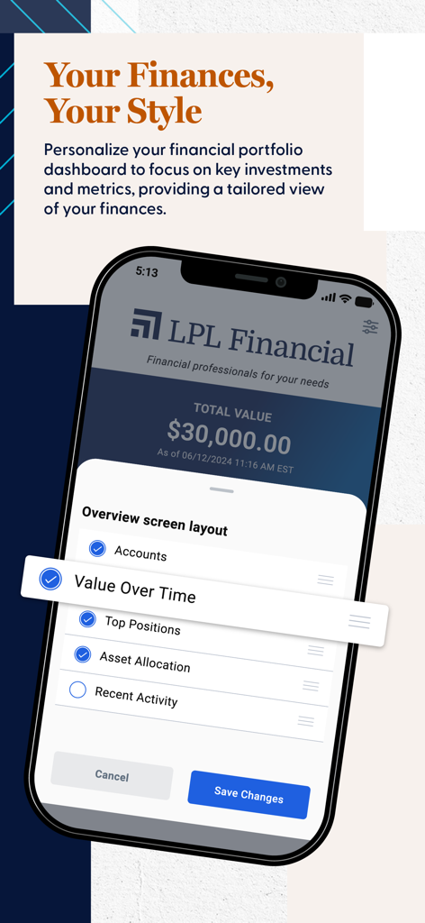 LPL Account View - LPLアカウントビューアプリが表示されたスマートフォンで、財務ポートフォリオダッシュボードのレイアウトをパーソナライズするオプションが表示されています。