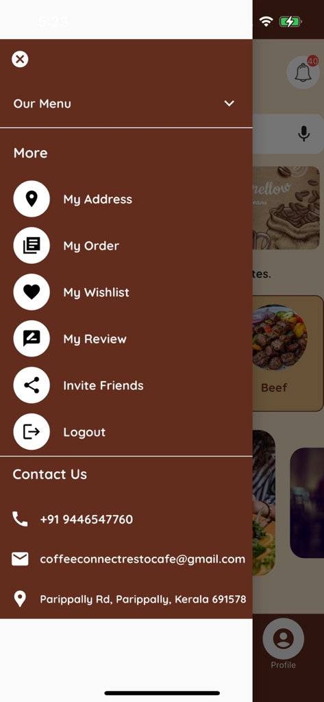 Coffee Connect Resto - cafe - Menú lateral de navegación de la app Coffee Connect Resto con opciones de cuenta y contacto.