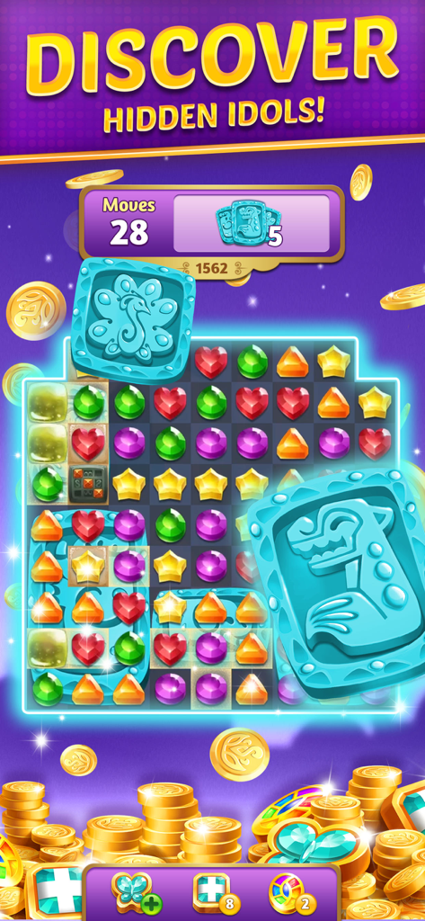 Match 3 puzzle gameplay in Genies and Gems showing colorful jewels and hidden blue stone idols.