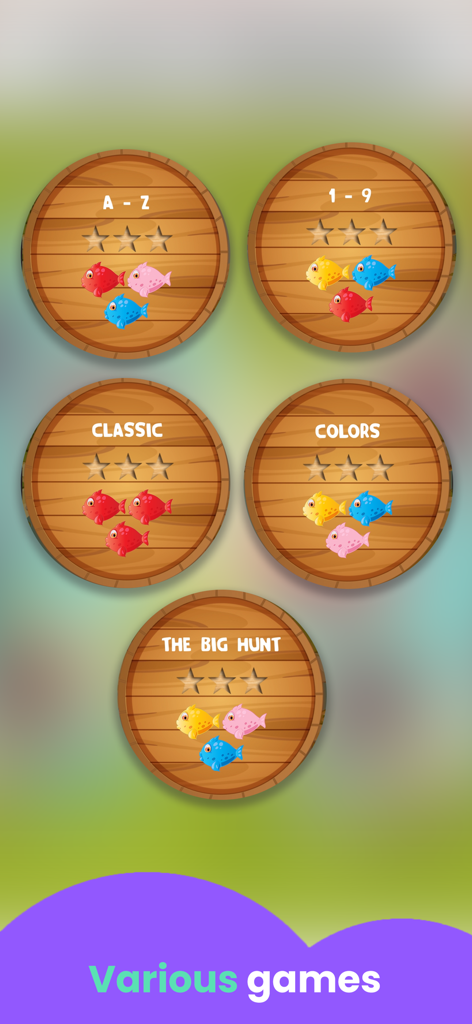 Educational app menu showing five game modes including letters, numbers, and colors on wooden barrel icons.
