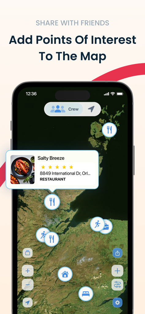Find my Family Phone: Senti. - Interface do aplicativo Senti mostrando como adicionar e compartilhar pontos de interesse em um mapa de localização familiar