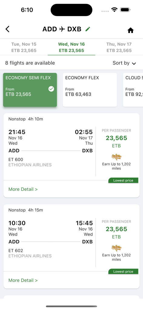 Bildschirm der Ethiopian Airlines App mit verfügbaren Flügen von Addis Abeba nach Dubai mit Preisen und Flugplänen