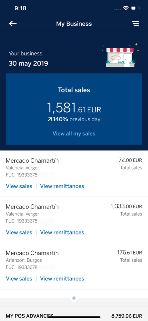 BBVA Net Cash | ES & PT - BBVA Net Cash mobile app dashboard showing business total sales growth and daily transaction list.