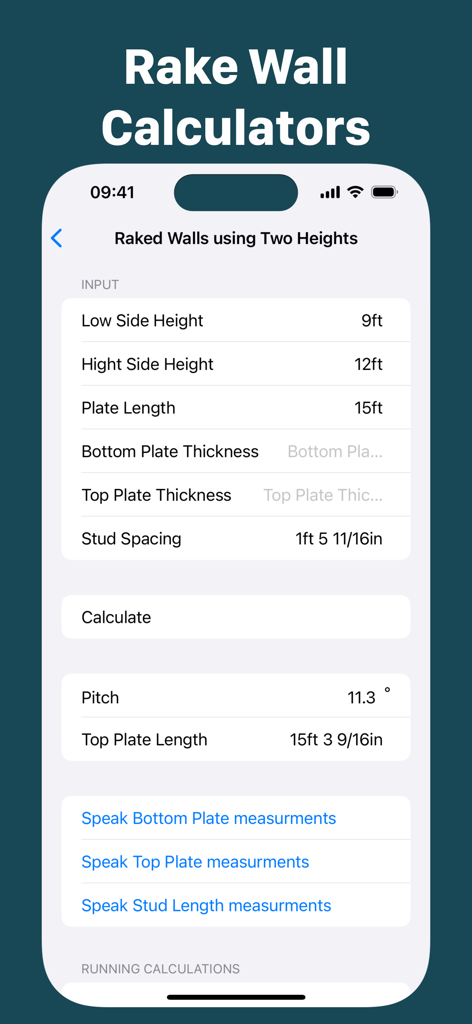 Chippy Tools: Construction - Rake wall calculator interface in the Chippy Tools app showing measurements in feet and inches