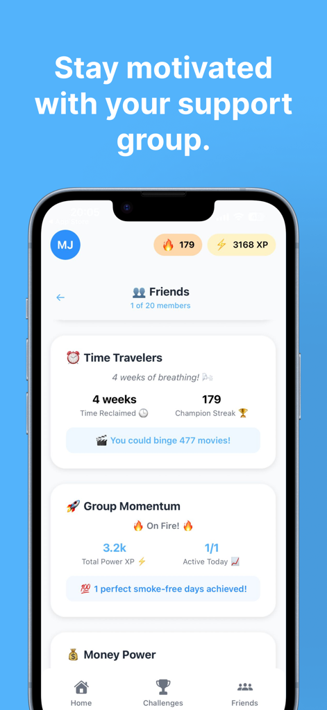 Bequit - Quit Smoking - Bequit app dashboard showing support group achievements and smoke free streaks