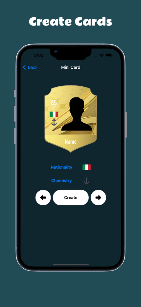 A mobile interface for the FC 26 FUT Card Squad Creator app showing a gold football player card template with options to customize nationality and chemistry.