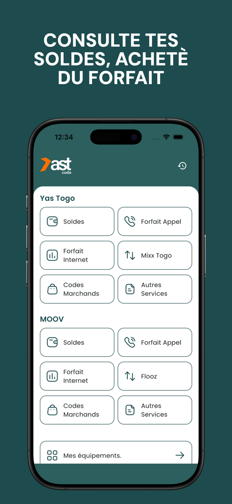 FastCode-USSD Moov & Yas Togo - Écran d'accueil de l'application mobile FastCode affichant les options de service pour les réseaux mobiles Yas Togo et Moov
