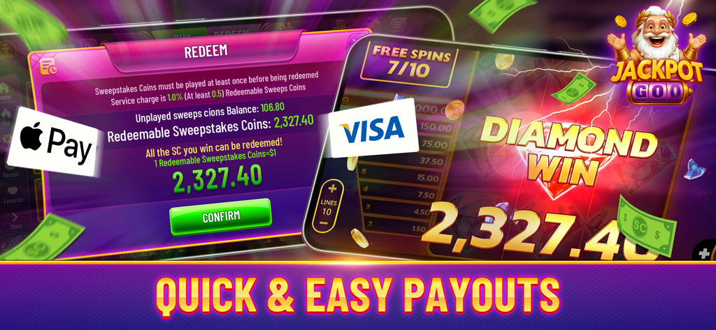 Jackpot Go: Slots Casino - Interface do aplicativo Jackpot Go Slots Casino mostrando opções de saque rápidas e fáceis usando Apple Pay e Visa
