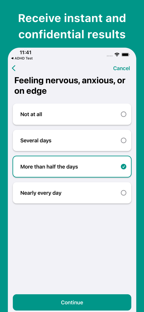 Screenshot of the Anxiety Test app showing a GAD-7 questionnaire screen asking about feeling nervous or on edge with frequency options.