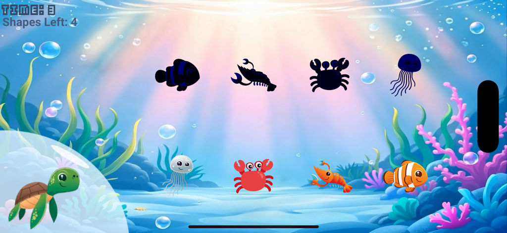 Match Sea Animals Kids Puzzle - Una pantalla de juego de emparejamiento para niños que presenta criaturas marinas coloridas y sus siluetas en un entorno submarino.