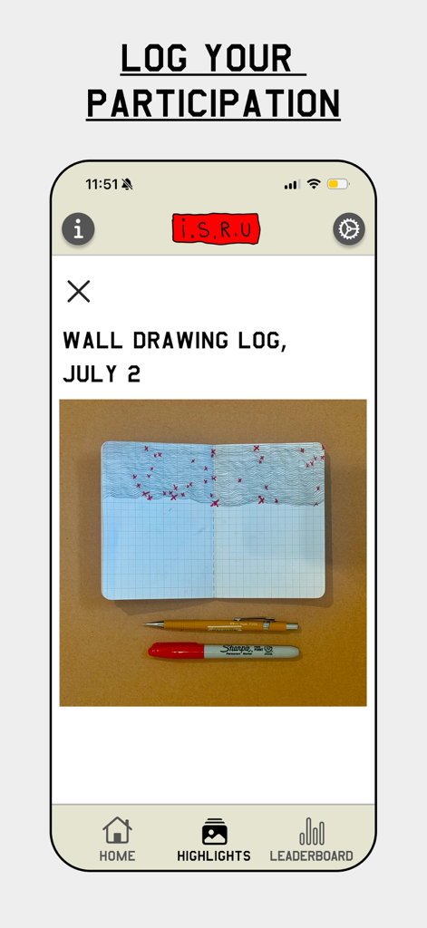 ISRU app screenshot showing a wall drawing log entry with a notebook and drawing tools