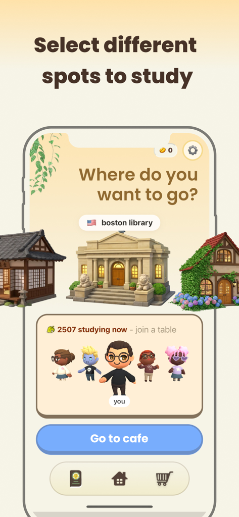 Focus Town: Study With Friends - Uma tela no aplicativo Focus Town mostrando diferentes locais de estudo virtuais, incluindo uma biblioteca e um café com avatares fofos