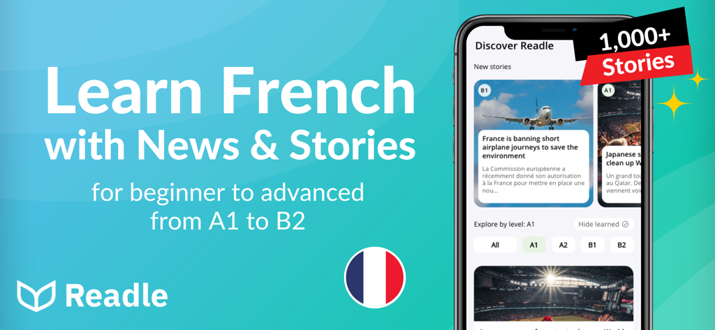 Smartphone displaying the Readle app with news stories for learning French at levels A1 to B2