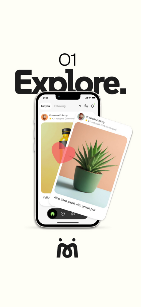 Swap - Social Marketplace - Mobile app screenshot of the Swap explore page showing item cards and a heart icon for a swipe to match trade experience
