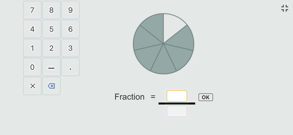 A math quiz interface in the ThatQuiz app featuring a pie chart fraction problem and a numeric keypad for inputting answers.