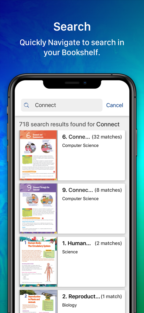Oxford Educate - Oxford Educate app search screen showing matches for textbooks and subjects