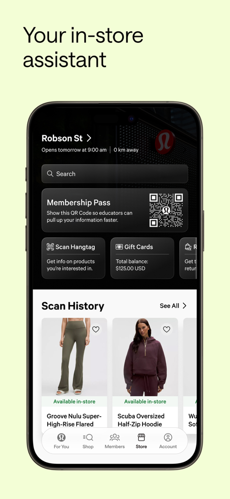 Lululemon Mobile App, die den In-Store-Assistenten-Bildschirm mit einem Mitgliedschafts-QR-Code und einer Produktscan-Historie anzeigt