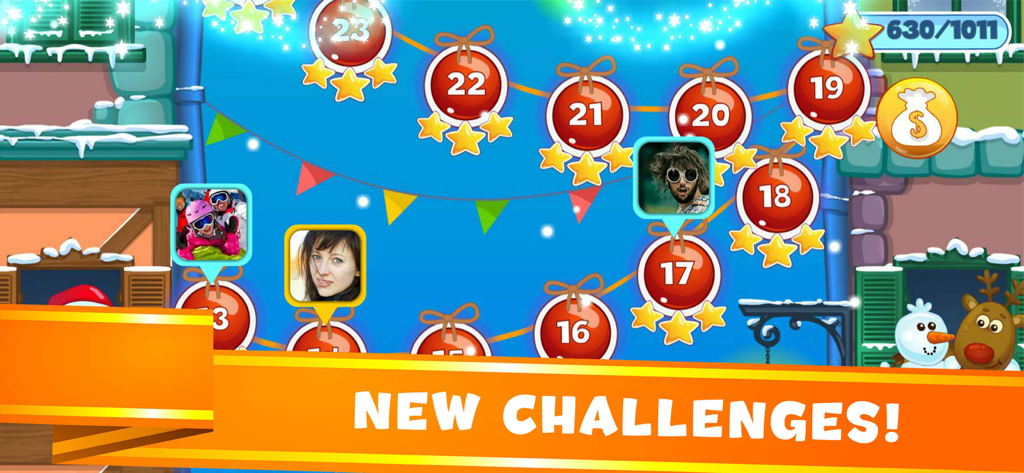 Mappa dei livelli di Christmas Sweeper 2 con ornamenti festivi e un banner per nuove sfide.