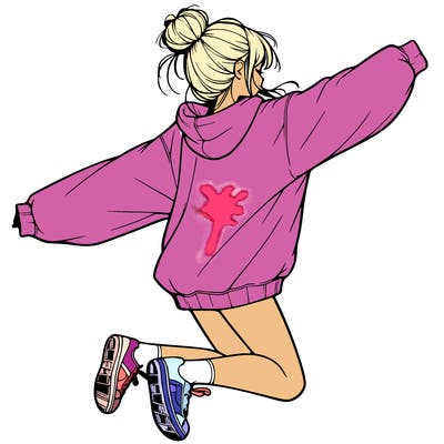 realistic girl jumping with a bun and oversized sweatshirt