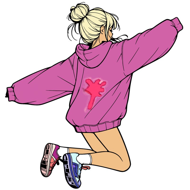 realistic girl jumping with a bun and oversized sweatshirt