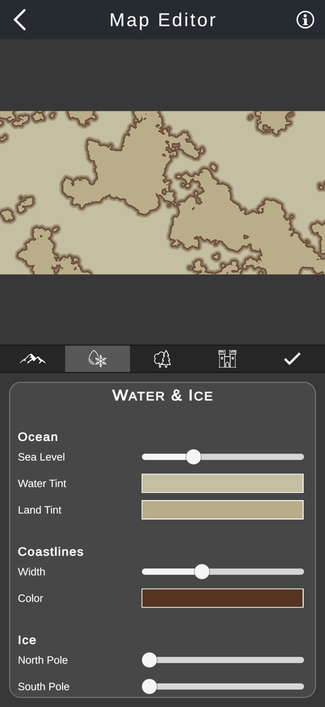 Cartographer 2 RPG World Maker - Interface of Cartographer 2 showing water and ice customization settings for an RPG world map.