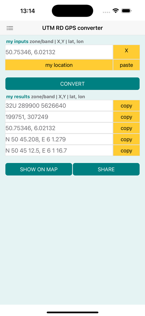 UTM RD GPS coords converter - Main interface of the UTM RD GPS converter app showing various coordinate conversion results.