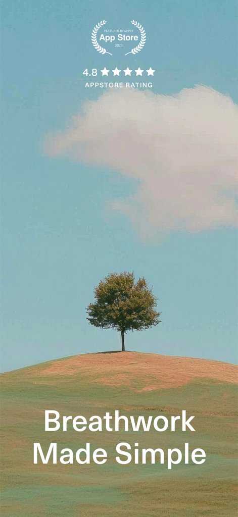 RESPIRA App Einführung Bildschirm mit einem einzelnen Baum auf einem Hügel und dem Slogan Breathwork Made Simple und einer App Store Bewertung von 4,8.