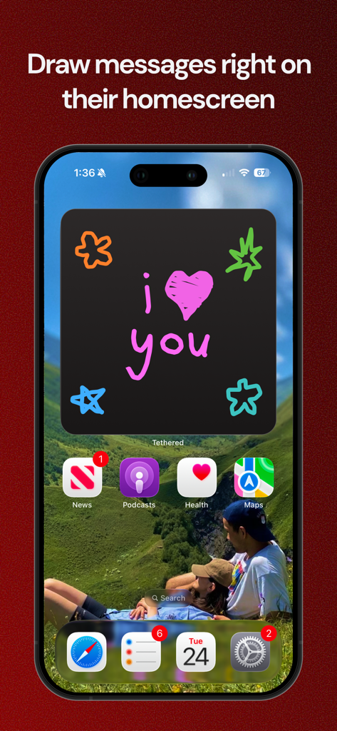 Tethered: Couples Games Daily - An iPhone home screen featuring a Tethered app widget with a hand-drawn love message and colorful doodles.