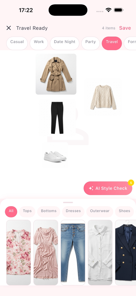 Misco - Interface de l'application Misco montrant la création d'une tenue de voyage sur une toile visuelle avec vérification du style par IA