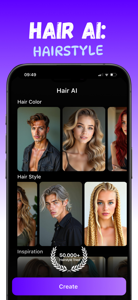 Hairstyle AI - Hair Cut Filter - Hairstyle AI app menu showing virtual hair color and hairstyle options for different genders