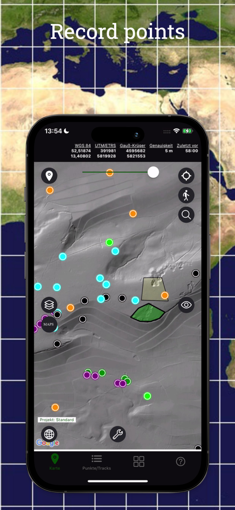 TopoRec - Map Viewer - Uma tela de smartphone exibindo a interface do aplicativo TopoRec com vários pinos coloridos e áreas registradas em um mapa topográfico detalhado.
