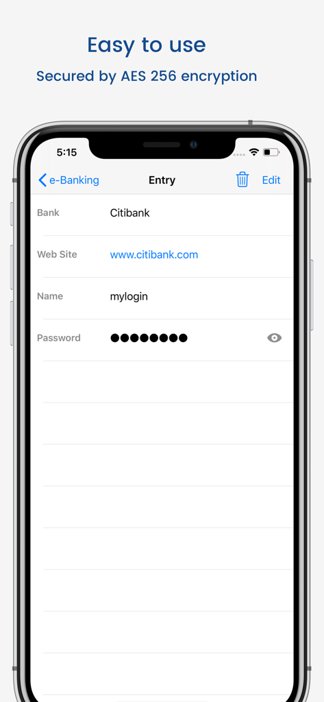 aWallet Cloud Password Manager banking entry screen with AES 256 encryption message