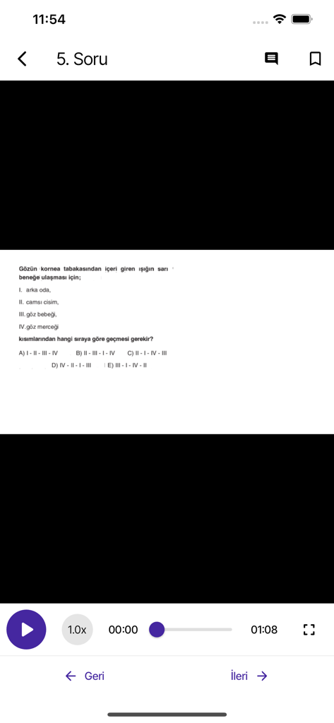 Mobile app interface showing a biology question video solution with playback controls and navigation buttons