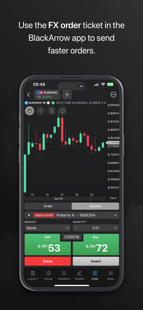 BlackArrow mobile app interface showing FX order ticket and currency trading chart
