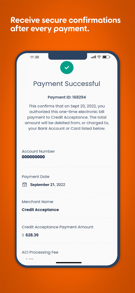 A mobile app interface showing a successful payment confirmation for a car loan with Credit Acceptance.