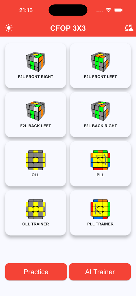 Main menu of the CFOPTrainer app showing training modules for F2L OLL and PLL with Practice and AI Trainer buttons