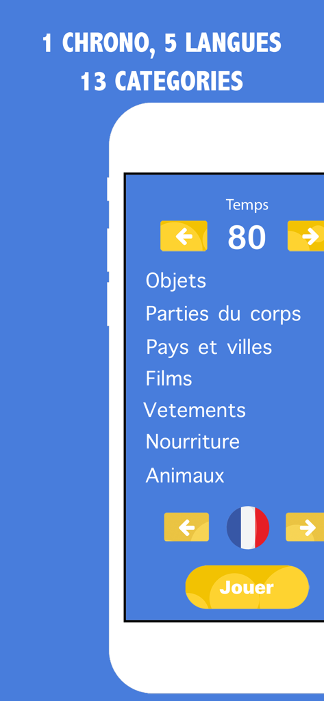 Drawing game menu screen showing category selection like movies and food with timer settings