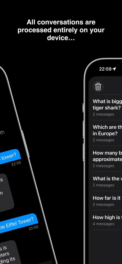BitBot App-Oberfläche, die den Chatverlauf und die Meldung zur On-Device-Verarbeitung anzeigt